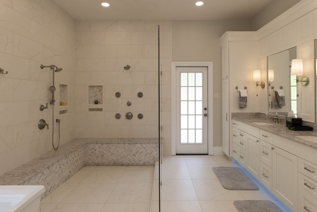 Master bathroom remodel after with double sink vanity and quartz countertop San Antonio