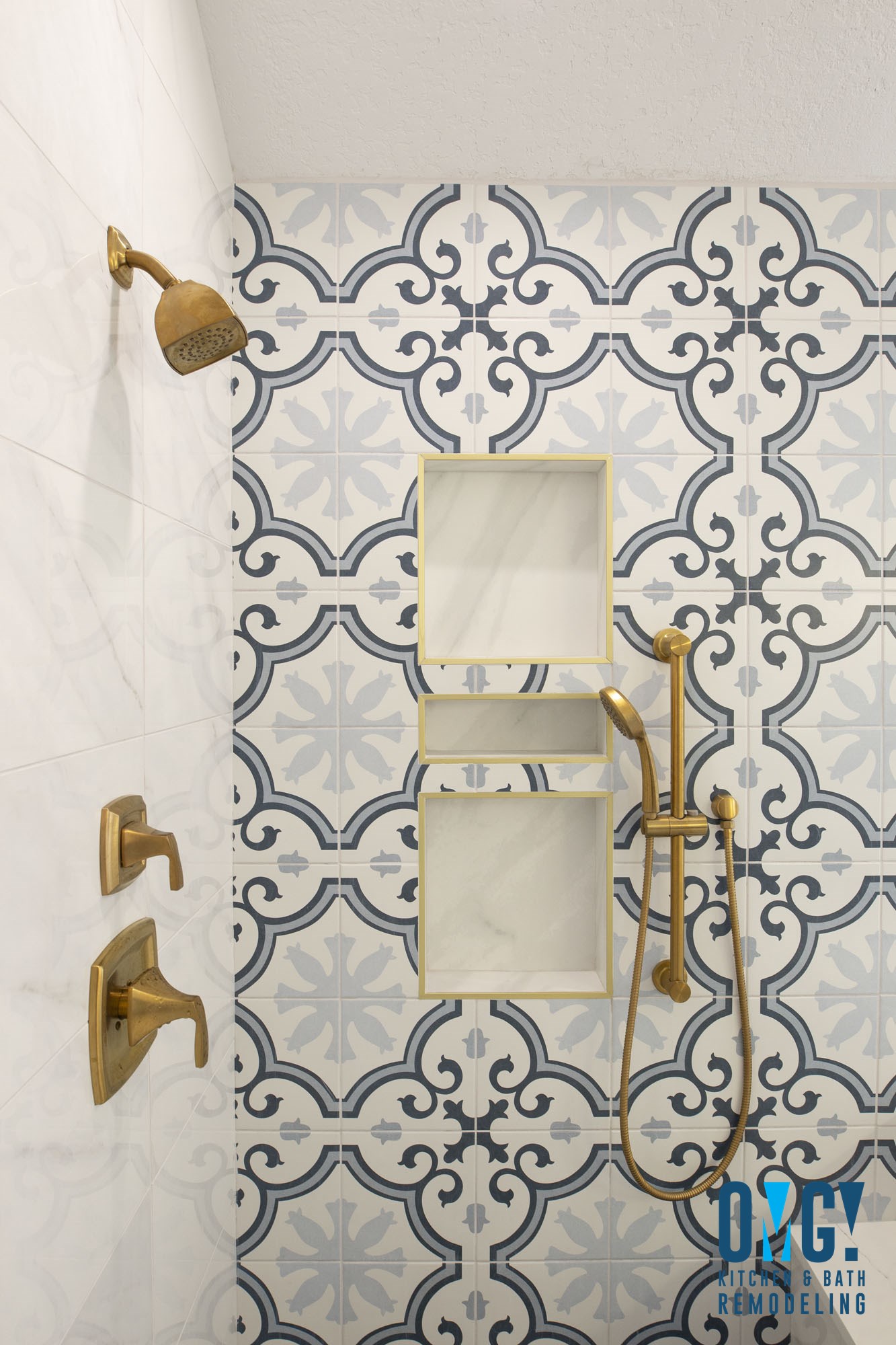 Master bathroom remodel San Antonio with brushed gold Moen fixtures and white quartz countertop