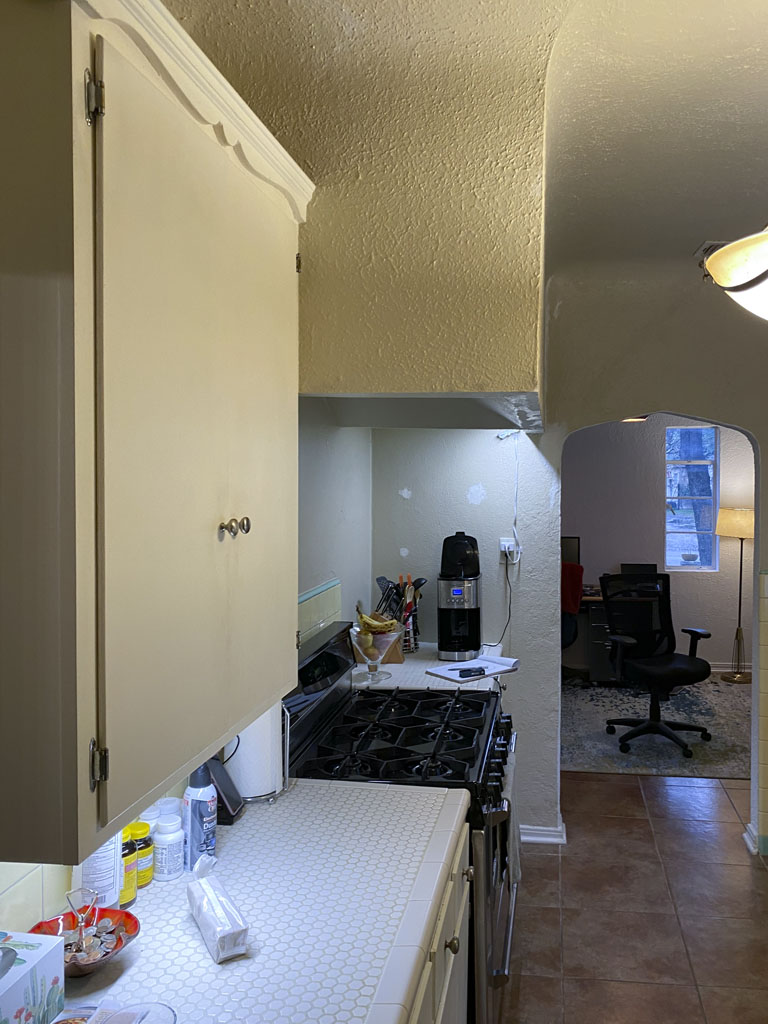 Before kitchen remodel Monticello Park San Antonio - vintage hexagon countertop tile and old vent hood