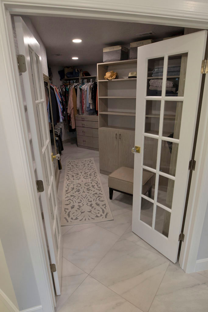 Walk-in closet shelving bathroom remodel San Antonio TX with custom drawers